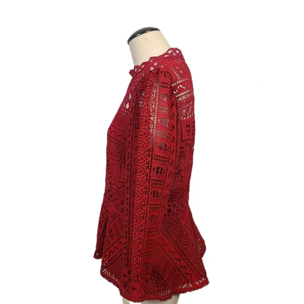 Moulinette Soeurs Anthropologie Red Crochet Lace Peplum Blouse Romantic Boho‎ 10